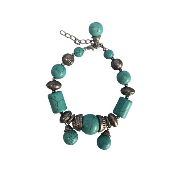 Faux Turquoise & Antique Silver Charm Beaded Bracelet W/Adjustable Chain Clasp - Picture 2 of 5